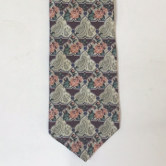 333 New York 100% Silk Paisley Floral Stripe Tie - Green Cream Peach Pink Roses - Picture 1 of 10